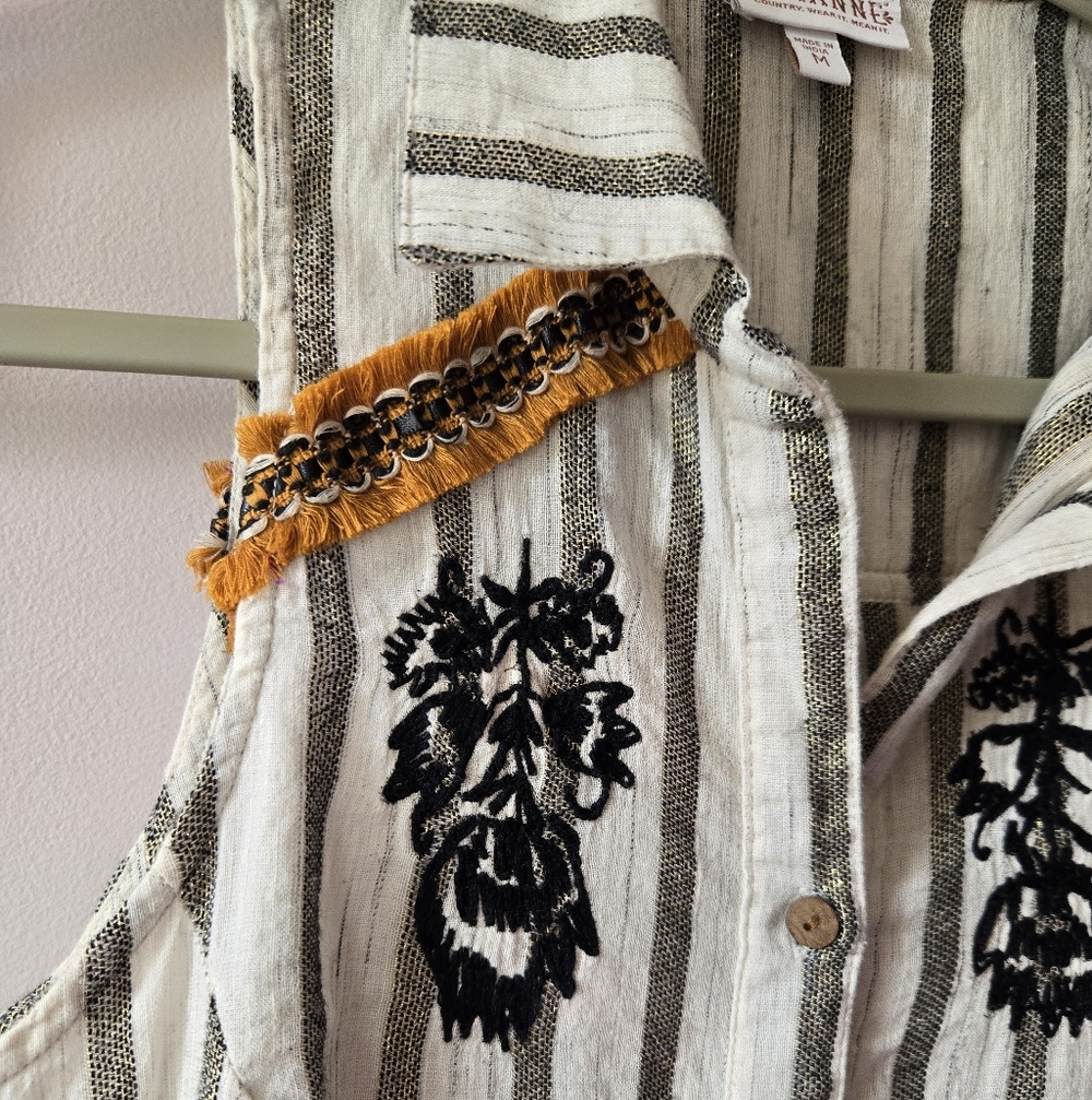 Shyanne Boho Striped Sleeveless Button Down Top - Size M - Metallic & Embroidere